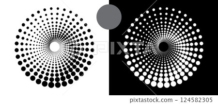 Modern abstract background. Halftone dots in circle form. Round logo. Vector dotted frame. Design element or icon. Black shape on a white background and the same white shape on the black side. Modern abstract background. Halftone dots in circle form. Round logo. Vector dotted frame. Design element or icon. Black shape on a white background and the same white shape on the black side. 124582305