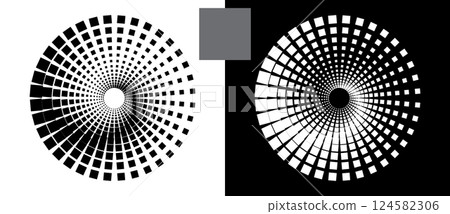 Abstract background with squares in circle. Art design spiral as logo or icon. A black figure on a white background and an equally white figure on the black side. 124582306