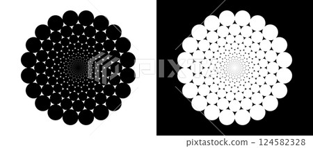 Modern abstract background. Halftone dots in circle form. Round logo, design element or icon. Vector dotted frame. A black figure on a white background and an equally white figure on the black side. 124582328