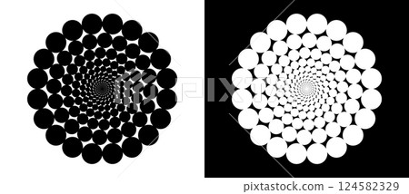 Modern abstract background. Halftone dots in circle form. Round logo, design element or icon. Vector dotted frame. A black figure on a white background and an equally white figure on the black side. 124582329