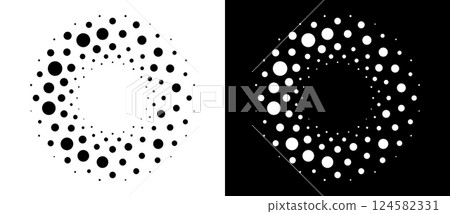 Modern abstract background. Halftone dots in circle form. Round logo, design element or icon. Vector dotted frame. A black figure on a white background and an equally white figure on the black side. Modern abstract background. Halftone dots in circle form. Round logo, design element or icon. Vector dotted frame. A black figure on a white background and an equally white figure on the black side. 124582331