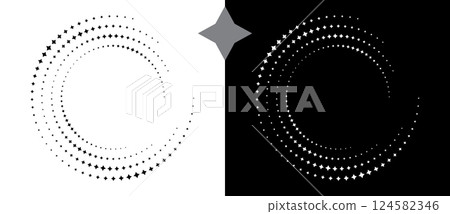 Abstract background with stars in circle. Art design spiral as logo or icon. A black figure on a white background and an equally white figure on the black side. 124582346
