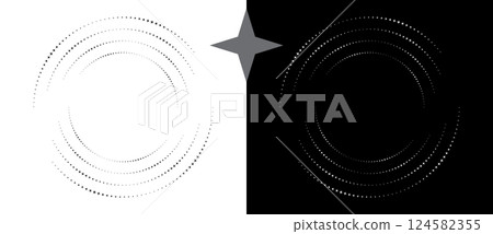 Abstract background with stars in circle. Art design spiral as logo or icon. A black figure on a white background and an equally white figure on the black side. Abstract background with stars in circle. Art design spiral as logo or icon. A black figure on a white background and an equally white figure on the black side. 124582355