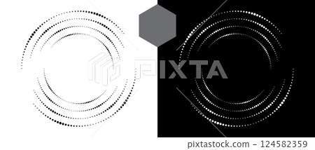 Halftone round as icon or background. Abstract vector circle, spiral with hexagons as logo or emblem. Black shape on a white background and the same white shape on the black side. Halftone round as icon or background. Abstract vector circle, spiral with hexagons as logo or emblem. Black shape on a white background and the same white shape on the black side. 124582359