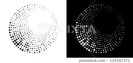 Modern abstract background. Halftone dots in circle form. Round logo, design element or icon. Vector dotted frame. A black figure on a white background and an equally white figure on the black side. 124582371