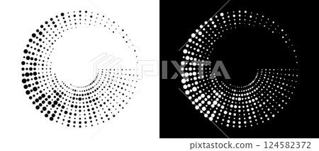 Modern abstract background. Halftone dots in circle form. Round logo, design element or icon. Vector dotted frame. A black figure on a white background and an equally white figure on the black side. 124582372