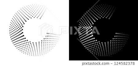 Modern abstract background. Halftone dots in circle form. Letter C like logo, icon or design element. Black dots on a white background and white dots on the black side. 124582378