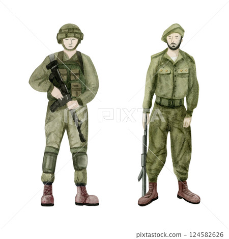 Modern Israeli male soldiers of IDF with assault rifles in green uniform watercolor illustration set isolated on white for patriotic holidays, memorial days, Holocaust Remembrance and Independence Day 124582626