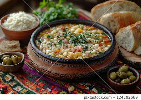 a Moroccan tagine served in its clay pot, accompanied by couscous, bread, and small bowls of olives and harissa, placed on a vibrant woven tablecloth with natural light 124582669