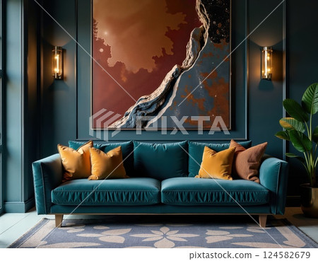 Contemporary living room design with teal sofa and abstract wall art for modern home decor inspiration 124582679
