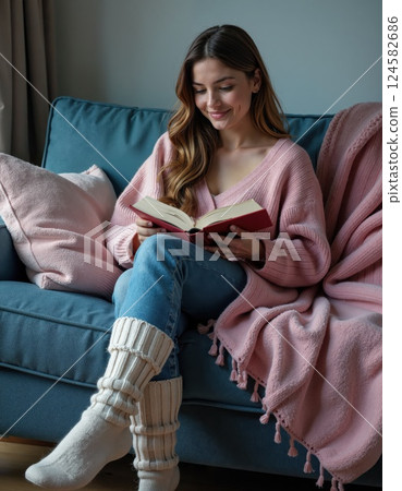 Cozy autumn reading with warm woolen socks and soft pink blanket for relaxed weekend lounging and comfortable home atmosphere 124582686