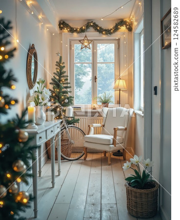 Cozy christmas interior with festive decor and warm lighting for holiday inspiration and relaxing ambiance 124582689