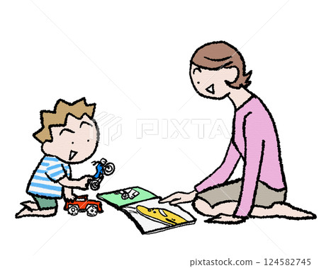 孩子，男孩，玩汽車和摩托車玩具和火車圖畫書 124582745