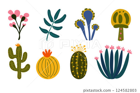 Whimsical set of exotic prehistoric plants, cacti, and fantasy flowers in bold colors, perfect for jungle scenes, dino worlds, and educational posters 124582803