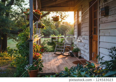 Wooden house porch with blooming flowers at sunset 124583023