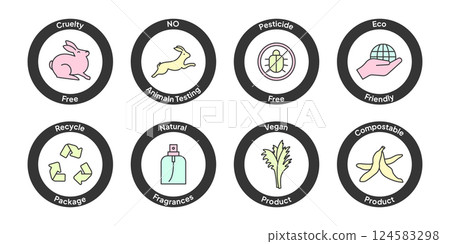 Cruelty Free, No Animal Testing, Pesticide Free and Eco Friendly Cosmetic Icons. 124583298