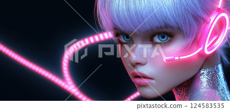 Futuristic Woman With Illuminated Neon Lights and Striking Blue Eyes Futuristic Woman With Illuminated Neon Lights and Striking Blue Eyes 124583535