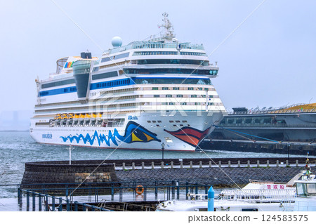 日本橫濱城市景觀 - 首次抵港的「AIDA Stella」號停泊在大棧橋碼頭...下雨。冬天的寒冷又回來了... = 4 月 1 日 124583575