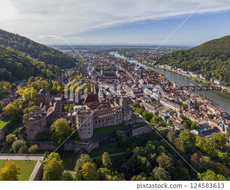 Aerial of Heidelberg Castle, Germany. Heidelberg town with the famous Karl Theodor old bridge and Heidelberg castle. Aerial of Heidelberg Castle, Germany. Heidelberg town with the famous Karl Theodor old bridge and Heidelberg castle. 124583613