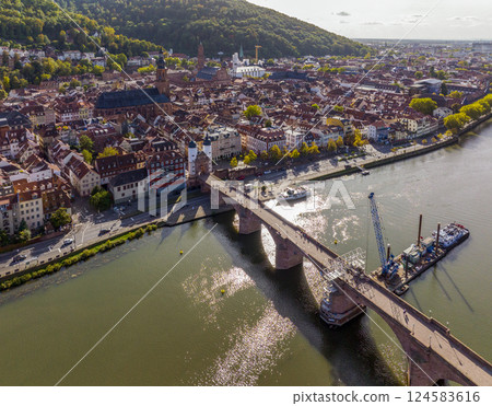 Aerial view of Heidelberg city, Germany. Heidelberg town with the famous Karl Theodor old bridge and Heidelberg castle. 124583616