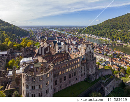 Aerial of Heidelberg Castle, Germany. Heidelberg town with the famous Karl Theodor old bridge and Heidelberg castle. Aerial of Heidelberg Castle, Germany. Heidelberg town with the famous Karl Theodor old bridge and Heidelberg castle. 124583619