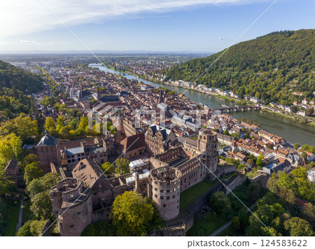 Aerial of Heidelberg Castle, Germany. Heidelberg town with the famous Karl Theodor old bridge and Heidelberg castle. Aerial of Heidelberg Castle, Germany. Heidelberg town with the famous Karl Theodor old bridge and Heidelberg castle. 124583622