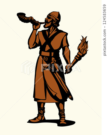 Vector drawing. Warrior with torch 124583659