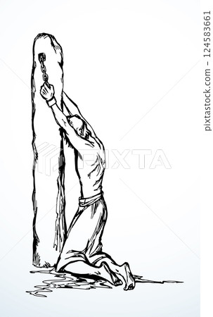 Vector drawing. Beaten man tied to a pole Vector drawing. Beaten man tied to a pole 124583661