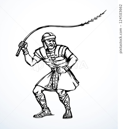Vector drawing. Beaten man tied to a pole 124583662