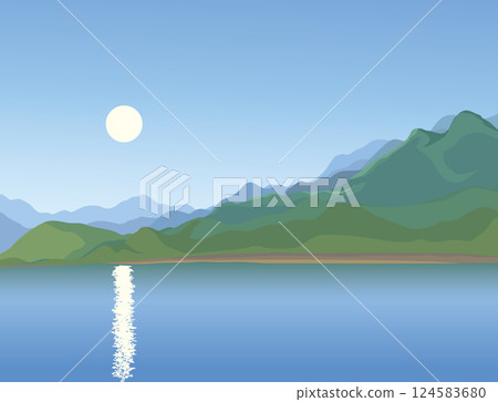 Vector drawing. Lake in the valley 124583680