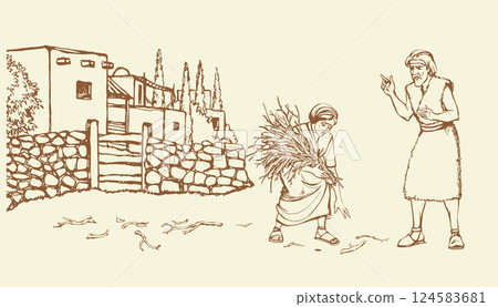Vector drawing. Woman collecting firewood 124583681