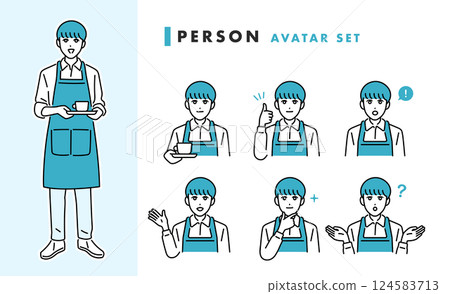 咖啡廳/餐廳頭像一套穿著圍裙的男工作人員 咖啡廳/餐廳頭像一套穿著圍裙的男工作人員 124583713