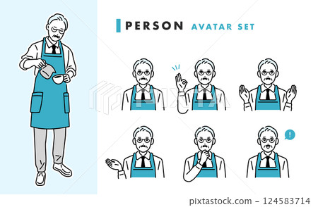 Cafe/restaurant avatar set of male staff wearing aprons 124583714
