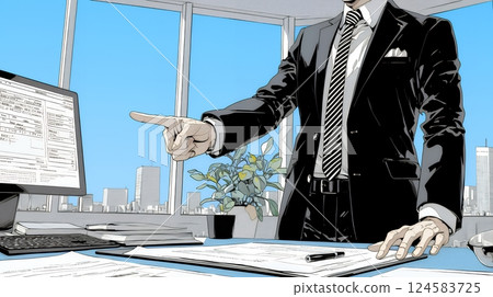 A business person who has made a decision by raising his index finger A business person who has made a decision by raising his index finger 124583725