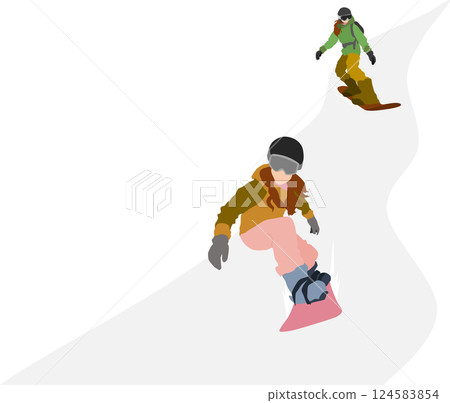 Illustration of a woman snowboarding on a snowy mountain in winter Illustration of a woman snowboarding on a snowy mountain in winter 124583854
