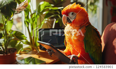 Pet at work. Vibrant parrot holding tablet in cozy, plant filled room with sunlight streaming through window 124583901
