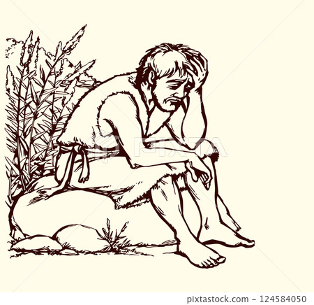 Vector drawing. A sad man and pigs Vector drawing. A sad man and pigs 124584050