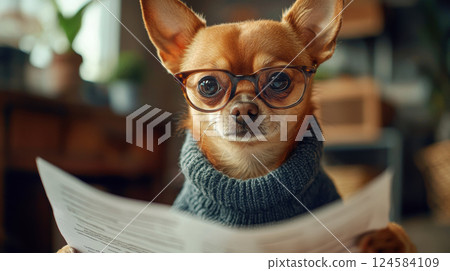 Pet at work. Cute Chihuahua wearing glasses and sweater holds paper, creating humorous and intelligent expression Pet at work. Cute Chihuahua wearing glasses and sweater holds paper, creating humorous and intelligent expression 124584109
