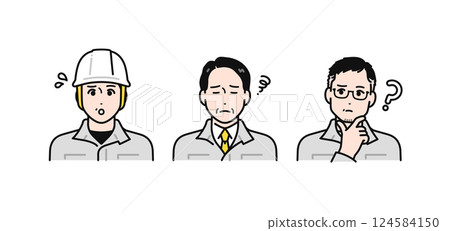 A simple vector illustration set of middle-aged and senior men wearing work clothes with a worried expression 124584150