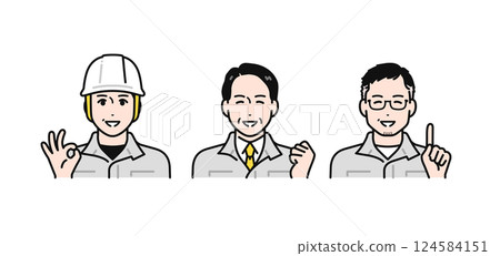 A simple vector illustration set of middle-aged and senior men in work clothes who are happy that their problems have been solved 124584151