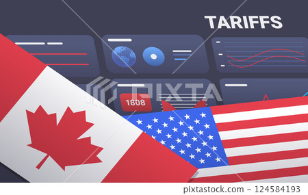 Canada USA trade war concept illustration depicting Canadian and American flags overlapping with charts and graphs on a dark background economic analysis 124584193