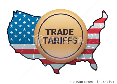 USA trade tariffs concept map with flag background and large coin symbolizing economic impact. Bold colors and clear design 124584194