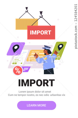 Import logistics concept with customs officer overseeing shipping containers and digital interface elements in vibrant colors for mobile application screen 124584201