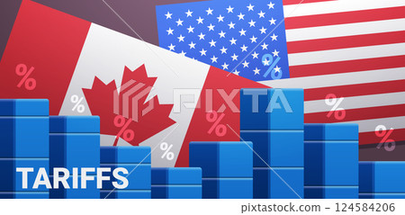 Tariffs trade war Canada USA flags economic impact bar graph percent symbols blue red background Tariffs trade war Canada USA flags economic impact bar graph percent symbols blue red background 124584206