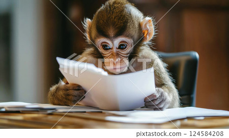 Pet at work. Curious monkey attentively examines piece of paper while sitting wooden table 124584208