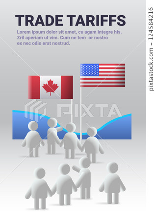 Trade tariffs concept with figures shaking hands beside Canadian and American flags on a gradient background symbolizing economic relations 124584216