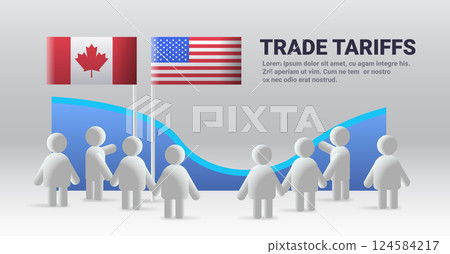 Trade tariffs concept with flags and figures. People gather under Canada and USA flags with abstract graph background. Business conflict theme 124584217