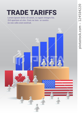 Trade tariffs concept with flag icons and figures on podiums blue bar graph background economic impact theme Trade tariffs concept with flag icons and figures on podiums blue bar graph background economic impact theme 124584220
