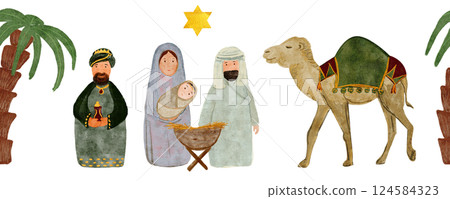 Wise man with a gift, camel and the holy family Christmas nativity scene seamless border digital watercolor isolated on white. Hand painted art perfect for textile, packaging, card, tape, decoration 124584323
