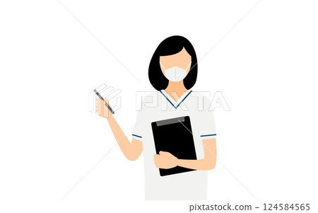 A simple illustration of a female nurse with black bob hair taking notes 124584565